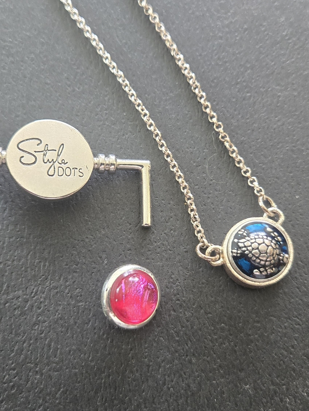 Style Dots Silver Turtle Charm Ankle Bracelet, Pink Stone And Key